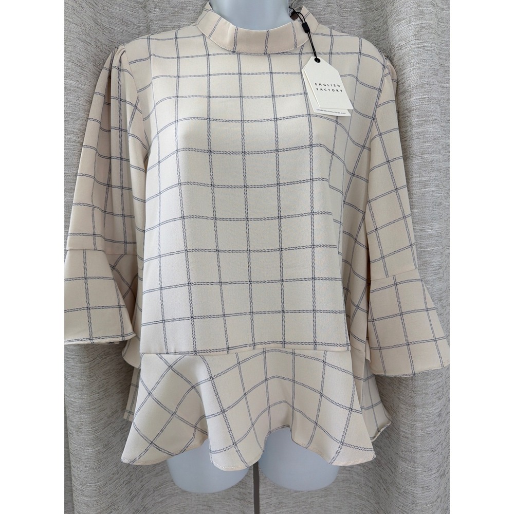English Factory Women Cream Navy Grid Mock Neck Peplum Bell Sleeve Blouse large